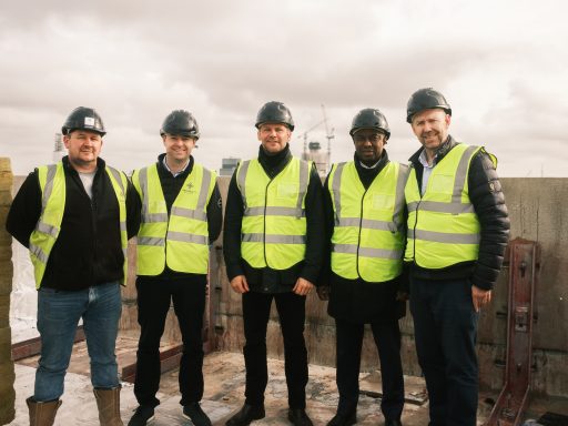 JQR Topping Out L to R Anthony Grant Mark McCann Joe Billingham William Amankwah Peter Lumb MAJOR MILESTONE FOR JEWELLERY QUARTER GATEWAY SCHEME AS BUILDING TOPS OUT